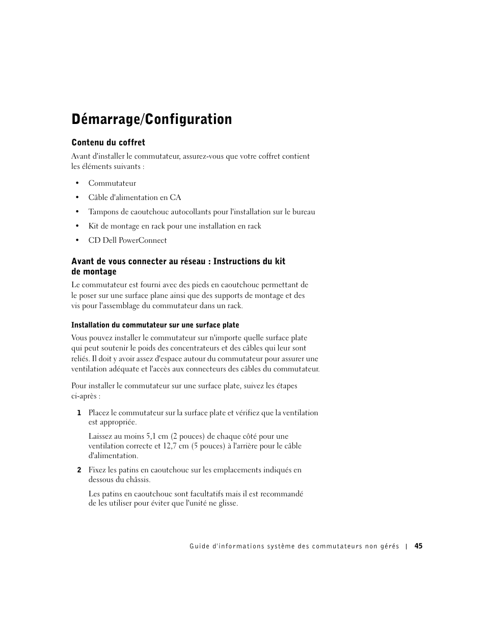 Démarrage/configuration, Contenu du coffret | Dell PowerConnect 2508 User Manual | Page 47 / 146