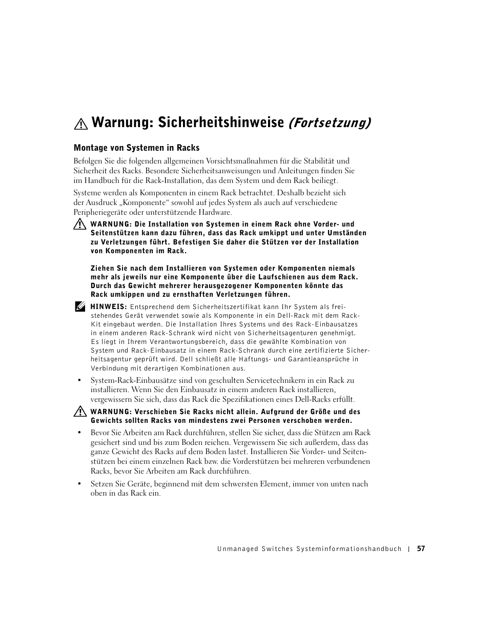 Montage von systemen in racks, Warnung: sicherheitshinweise, Fortsetzung) | Dell PowerConnect 2508 User Manual | Page 59 / 146