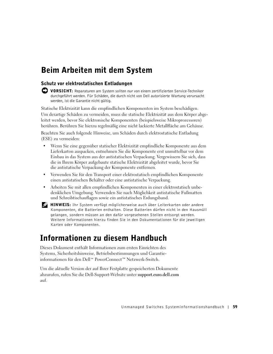 Beim arbeiten mit dem system, Schutz vor elektrostatischen entladungen, Informationen zu diesem handbuch | Dell PowerConnect 2508 User Manual | Page 61 / 146