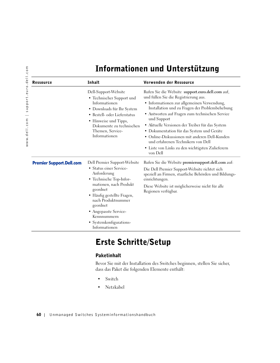 Informationen und unterstützung, Erste schritte/setup, Paketinhalt | Dell PowerConnect 2508 User Manual | Page 62 / 146