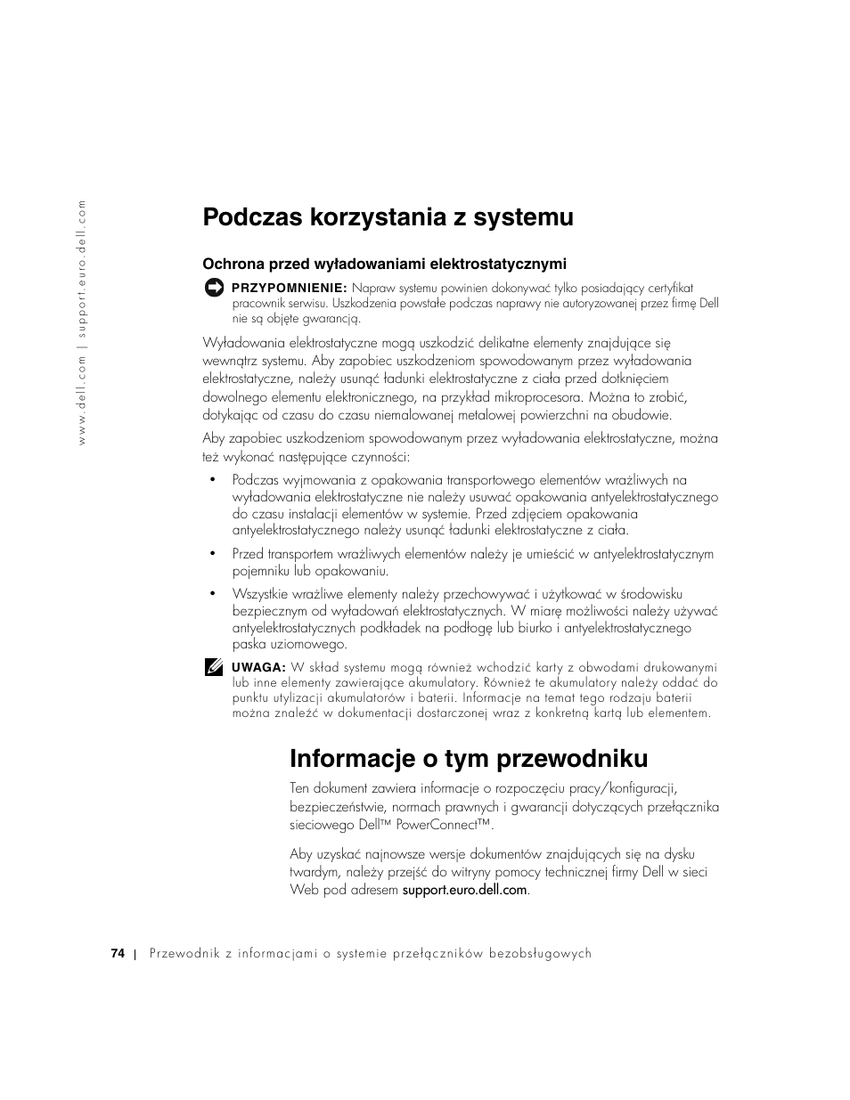 Podczas korzystania z systemu, Ochrona przed wyładowaniami elektrostatycznymi, Informacje o tym przewodniku | Dell PowerConnect 2508 User Manual | Page 76 / 146