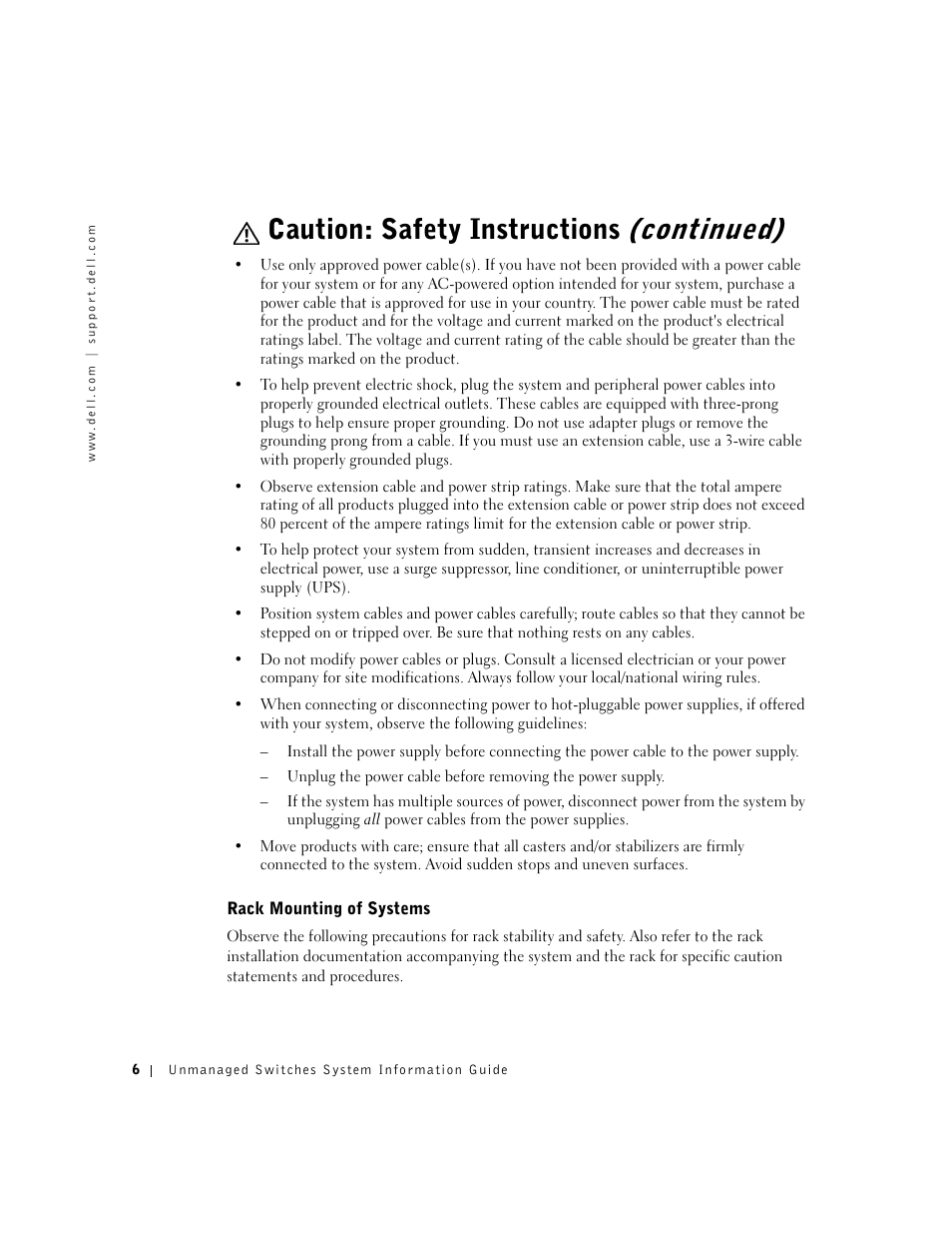 Rack mounting of systems, Caution: safety instructions (continued) | Dell PowerConnect 2508 User Manual | Page 8 / 146