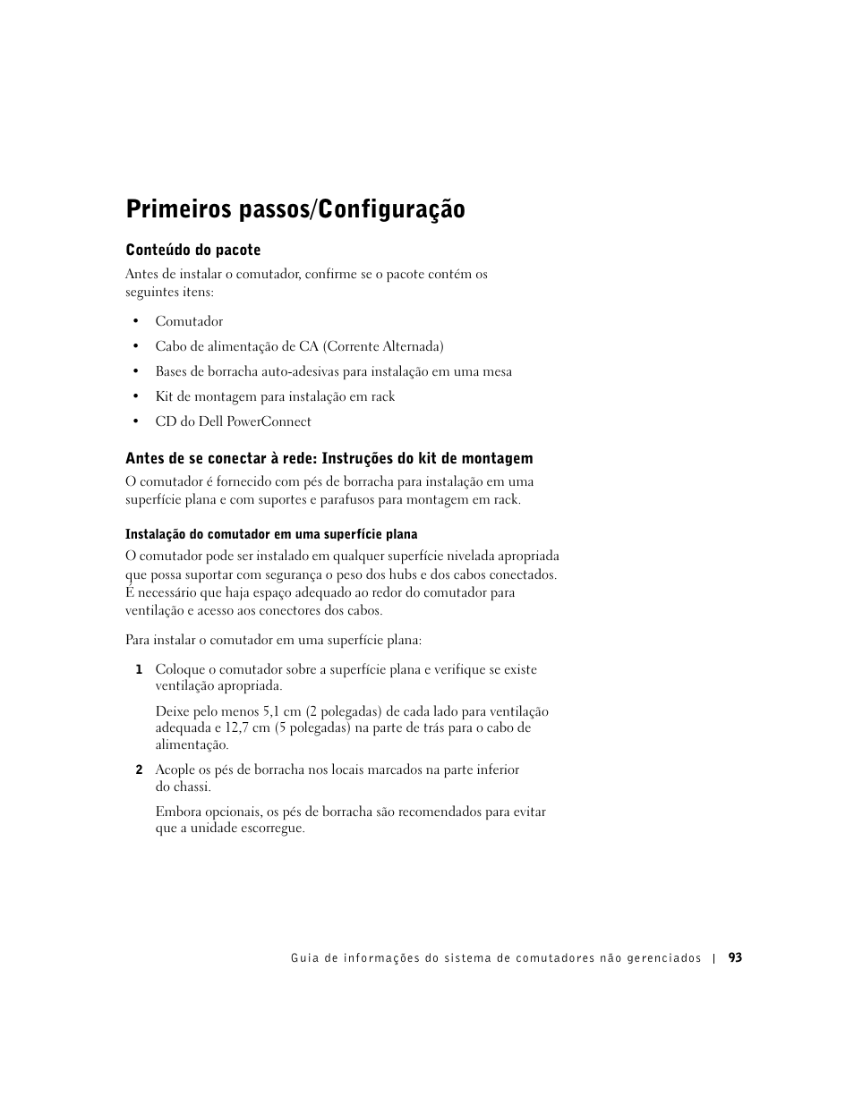 Primeiros passos/configuração, Conteúdo do pacote | Dell PowerConnect 2508 User Manual | Page 95 / 146