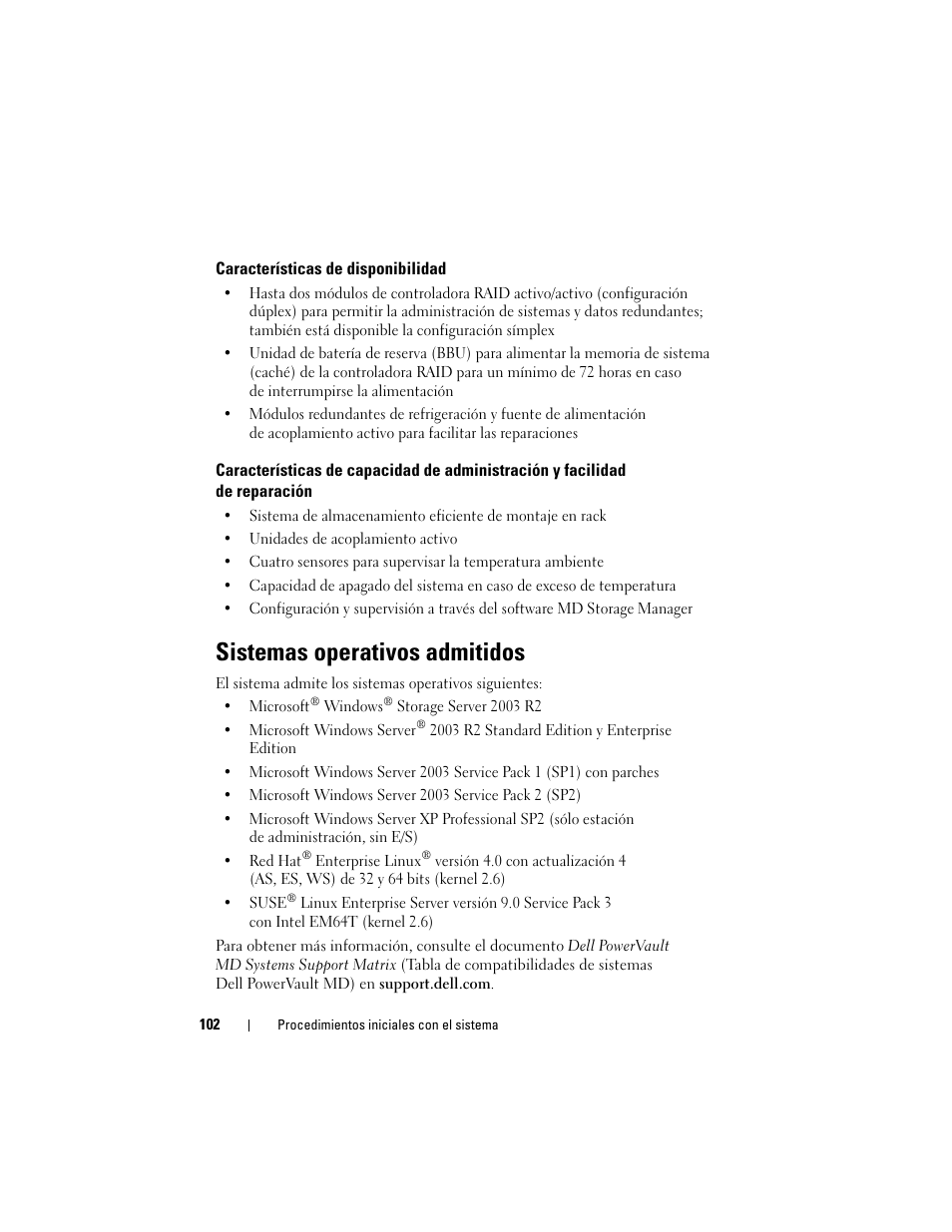 Características de disponibilidad, Sistemas operativos admitidos | Dell PowerVault MD3000i User Manual | Page 104 / 144