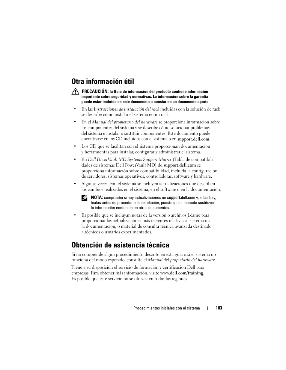 Otra información útil, Obtención de asistencia técnica | Dell PowerVault MD3000i User Manual | Page 105 / 144