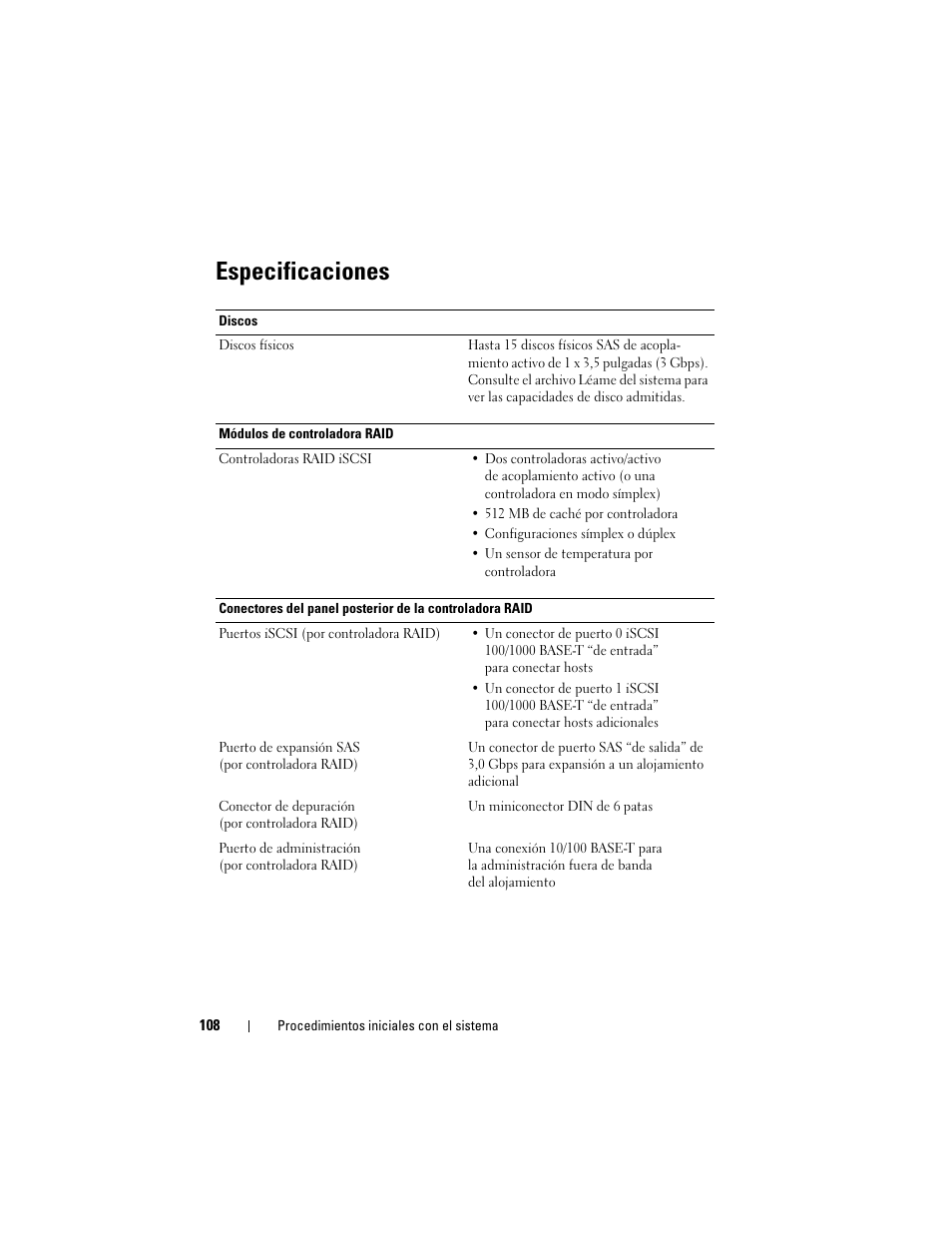 Especificaciones | Dell PowerVault MD3000i User Manual | Page 110 / 144