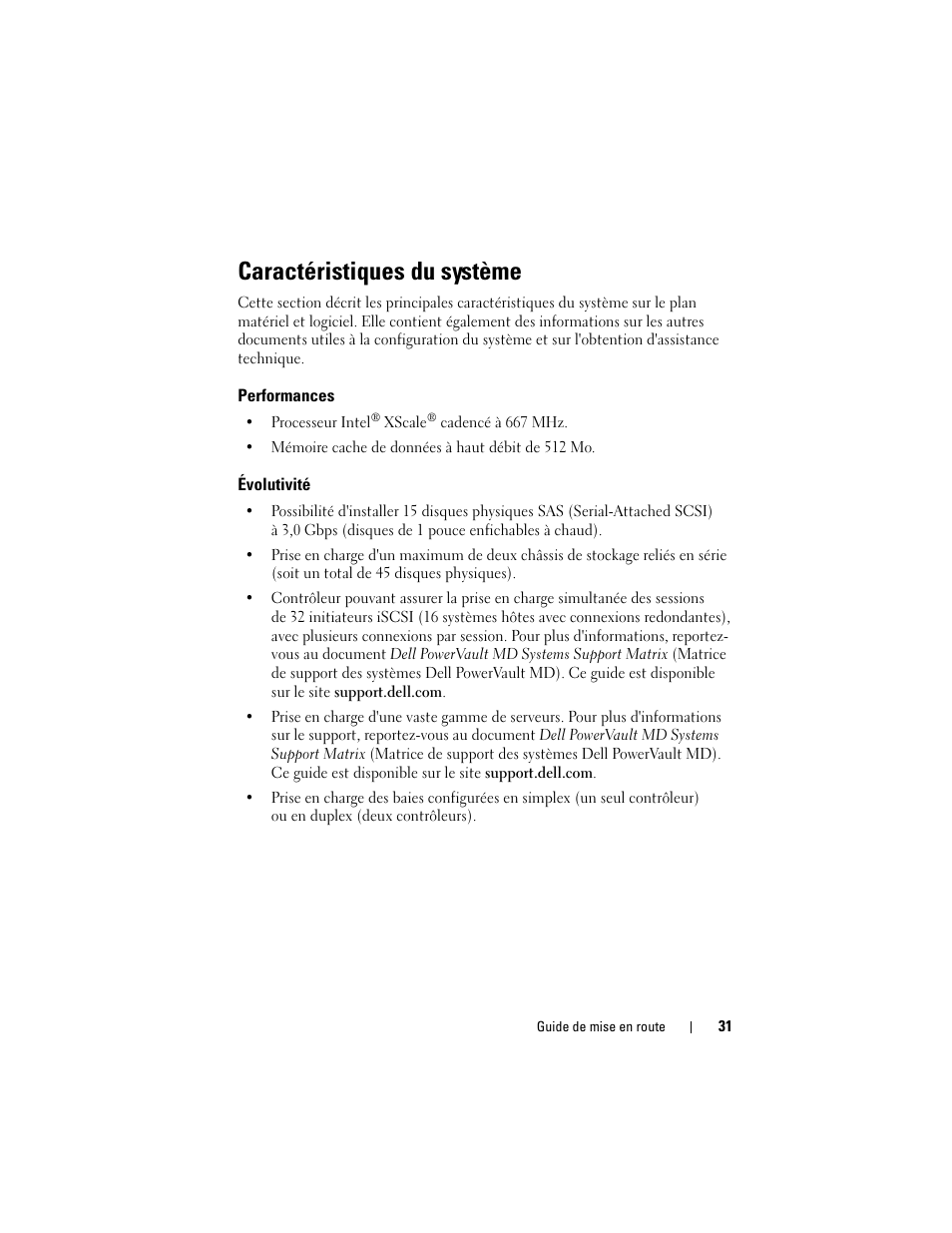 Caractéristiques du système, Performances, Évolutivité | Dell PowerVault MD3000i User Manual | Page 33 / 144