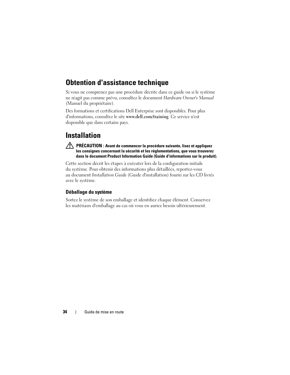 Obtention d'assistance technique, Installation, Déballage du système | Dell PowerVault MD3000i User Manual | Page 36 / 144