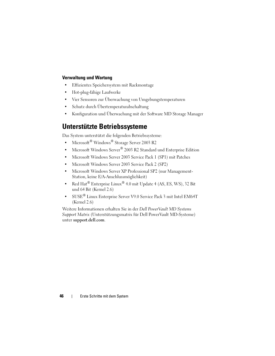 Verwaltung und wartung, Unterstützte betriebssysteme | Dell PowerVault MD3000i User Manual | Page 48 / 144