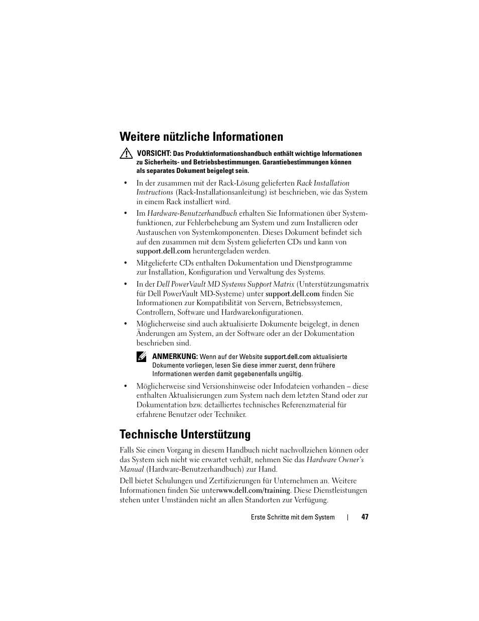 Weitere nützliche informationen, Technische unterstützung | Dell PowerVault MD3000i User Manual | Page 49 / 144