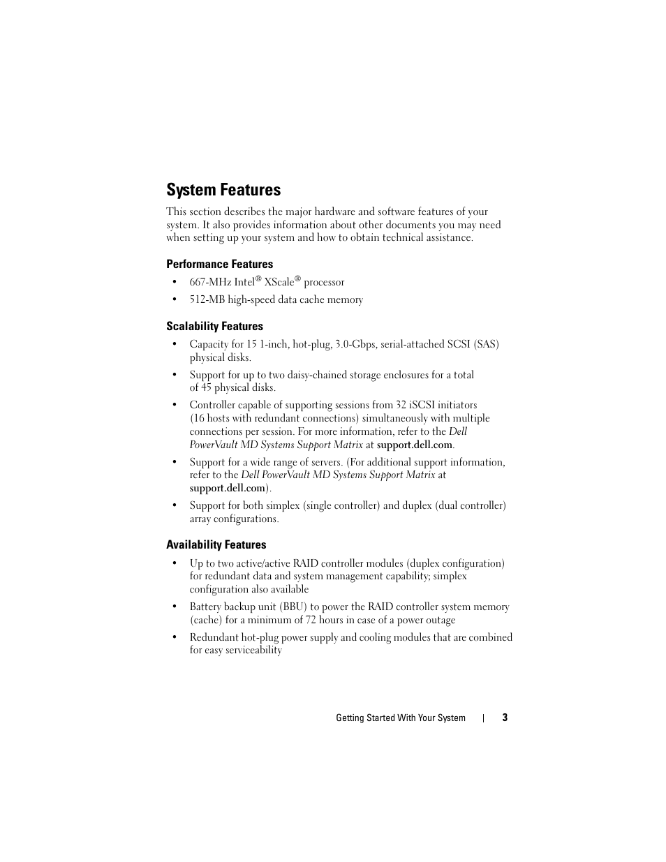 System features, Performance features, Scalability features | Availability features | Dell PowerVault MD3000i User Manual | Page 5 / 144