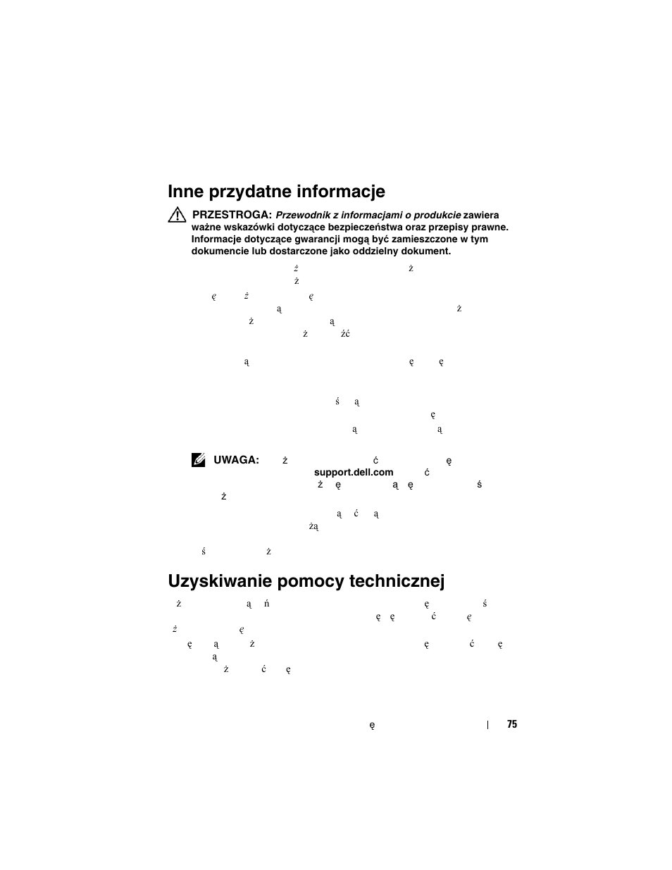 Inne przydatne informacje, Uzyskiwanie pomocy technicznej | Dell PowerVault MD3000i User Manual | Page 77 / 144