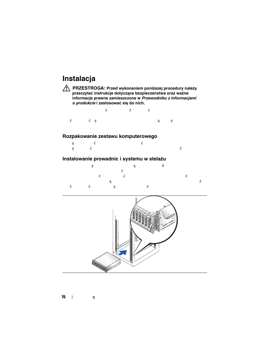 Instalacja, Rozpakowanie zestawu komputerowego, Instalowanie prowadnic i systemu w stela¿u | Dell PowerVault MD3000i User Manual | Page 78 / 144