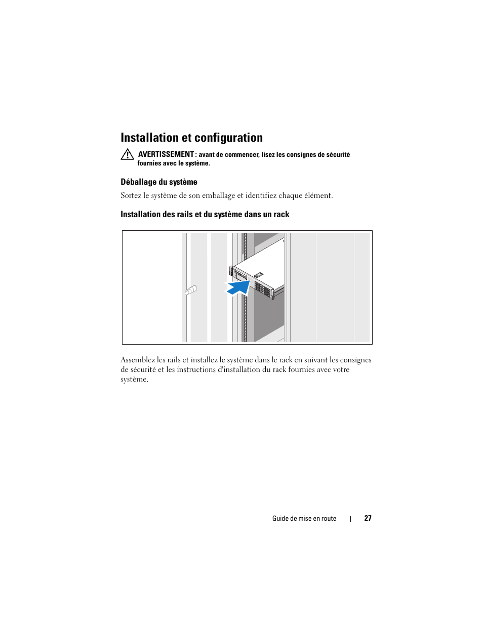 Installation et configuration, Déballage du système, Installation des rails et du système dans un rack | Dell PowerVault DL2100 User Manual | Page 29 / 126
