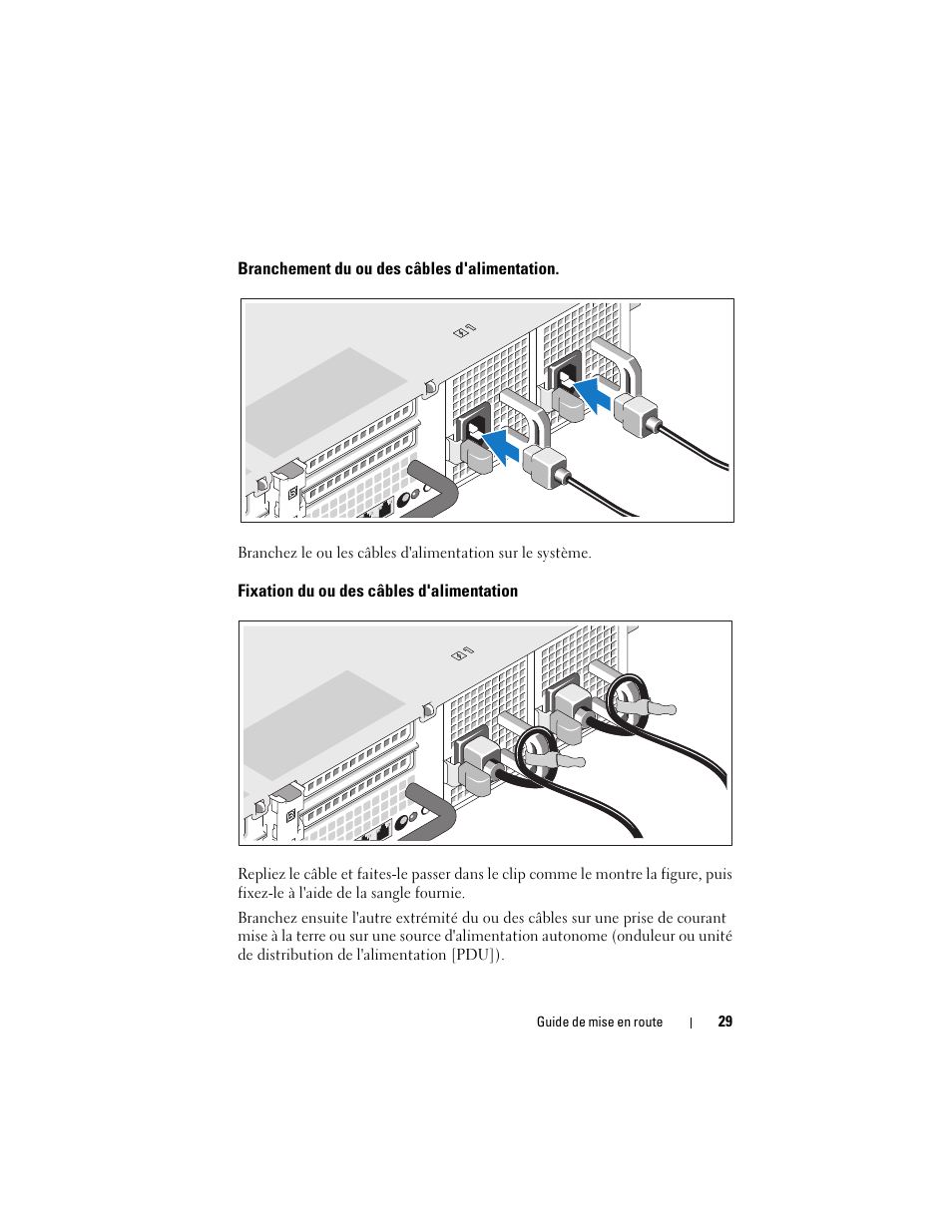 Branchement du ou des câbles d'alimentation, Fixation du ou des câbles d'alimentation | Dell PowerVault DL2100 User Manual | Page 31 / 126