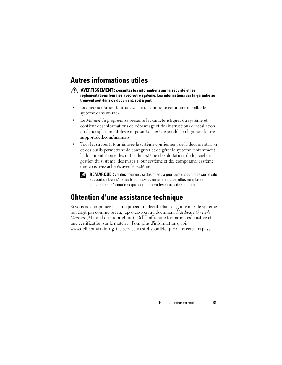 Autres informations utiles, Obtention d'une assistance technique | Dell PowerVault DL2100 User Manual | Page 33 / 126