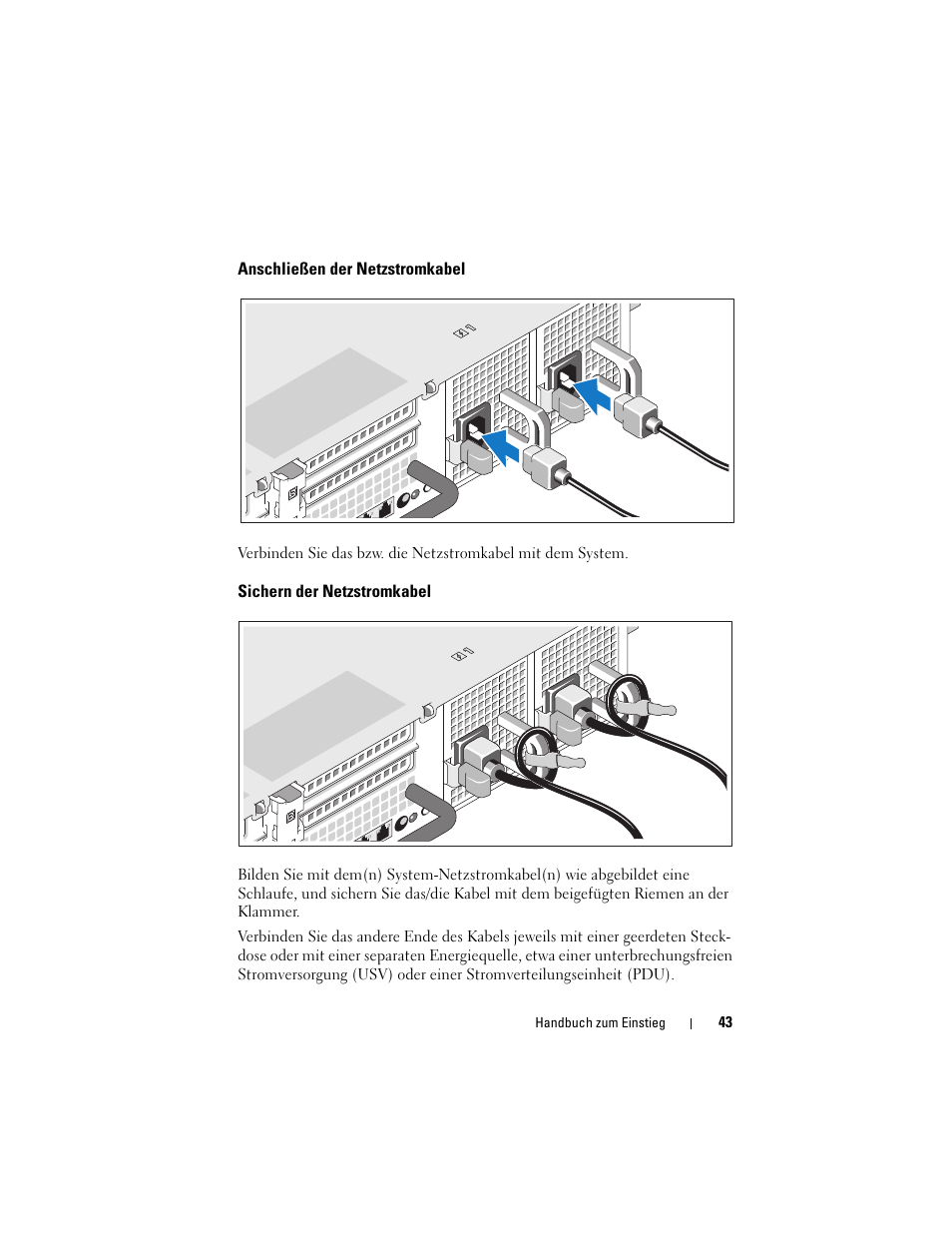 Anschließen der netzstromkabel, Sichern der netzstromkabel | Dell PowerVault DL2100 User Manual | Page 45 / 126
