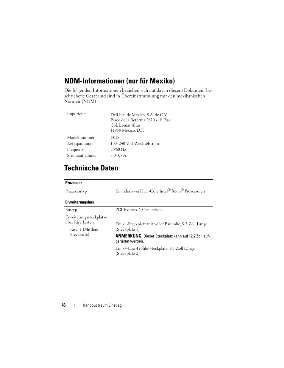 Nom-informationen (nur für mexiko), Technische daten | Dell PowerVault DL2100 User Manual | Page 48 / 126