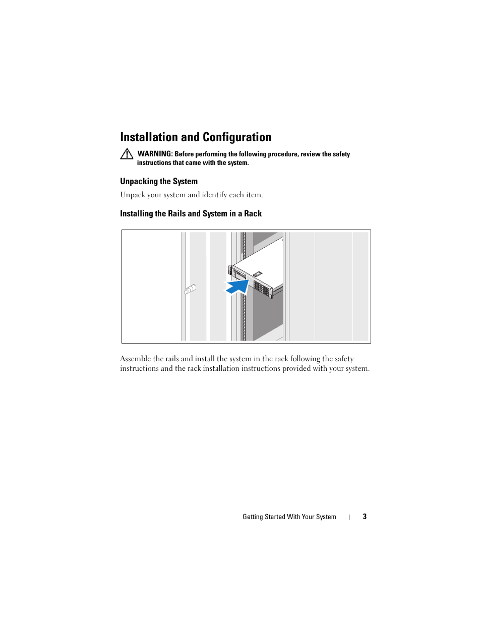 Installation and configuration, Unpacking the system, Installing the rails and system in a rack | Dell PowerVault DL2100 User Manual | Page 5 / 126