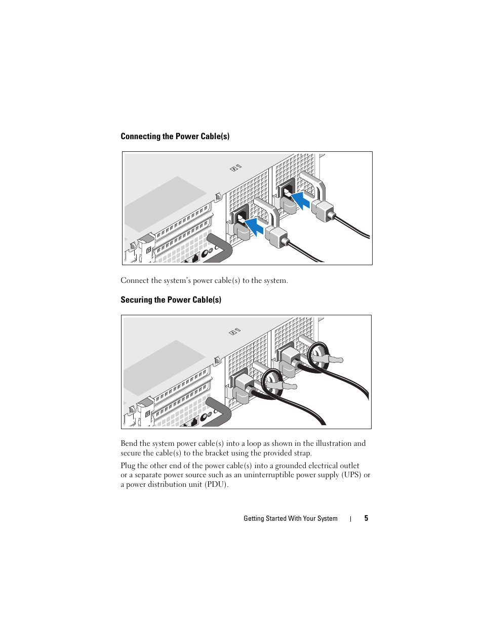 Connecting the power cable(s), Securing the power cable(s) | Dell PowerVault DL2100 User Manual | Page 7 / 126