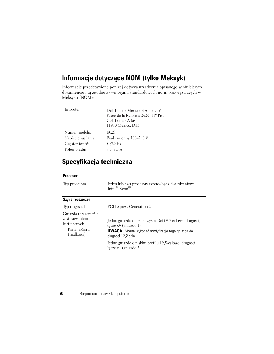 Informacje dotyczące nom (tylko meksyk), Specyfikacja techniczna | Dell PowerVault DL2100 User Manual | Page 72 / 126