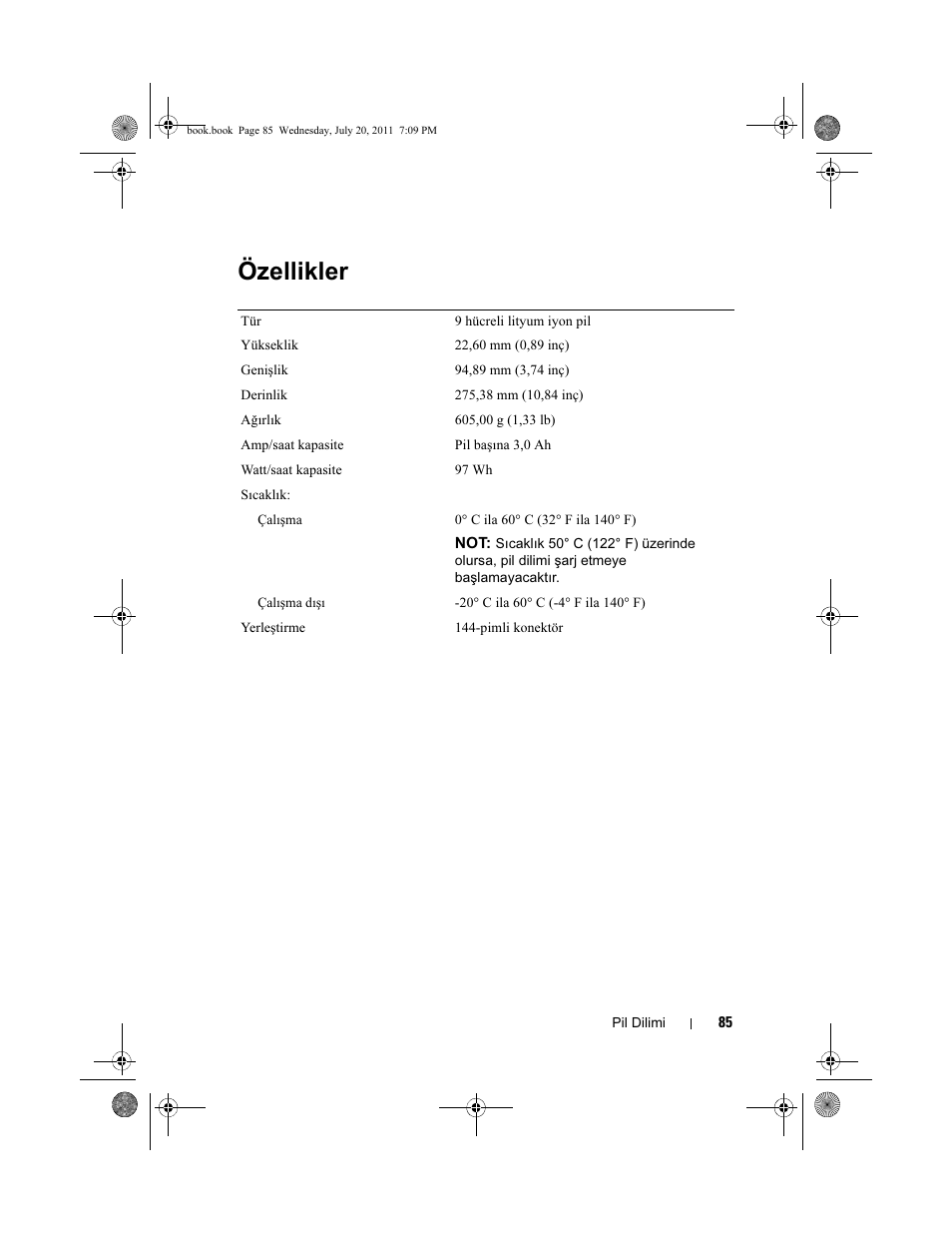 Özellikler | Dell Latitude E5420 User Manual | Page 87 / 96