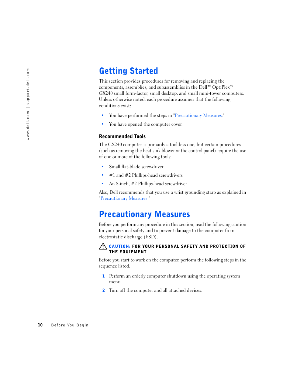 Getting started, Recommended tools, Precautionary measures | Dell OptiPlex GX240 User Manual | Page 10 / 144