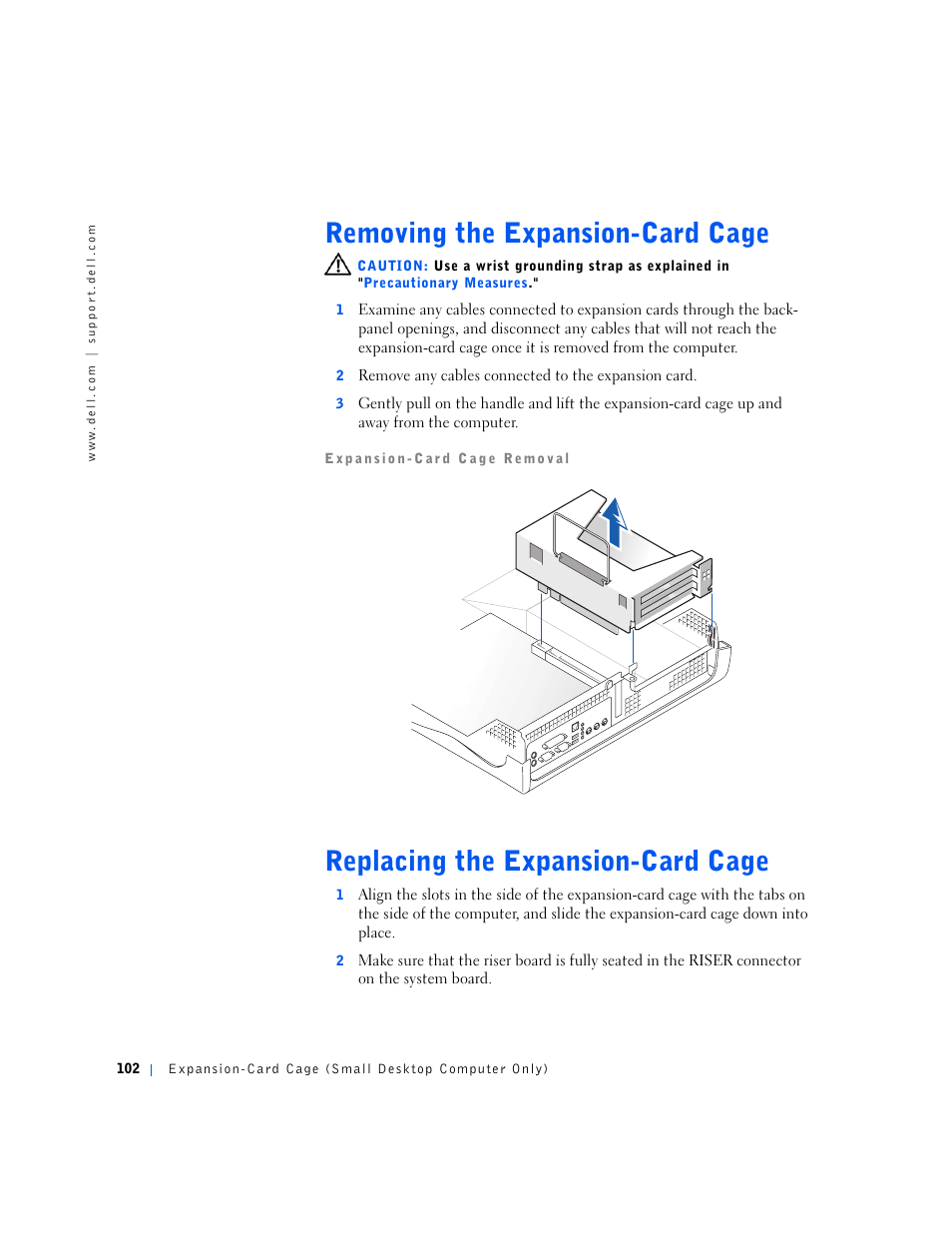 Removing the expansion-card cage, Replacing the expansion-card cage | Dell OptiPlex GX240 User Manual | Page 102 / 144