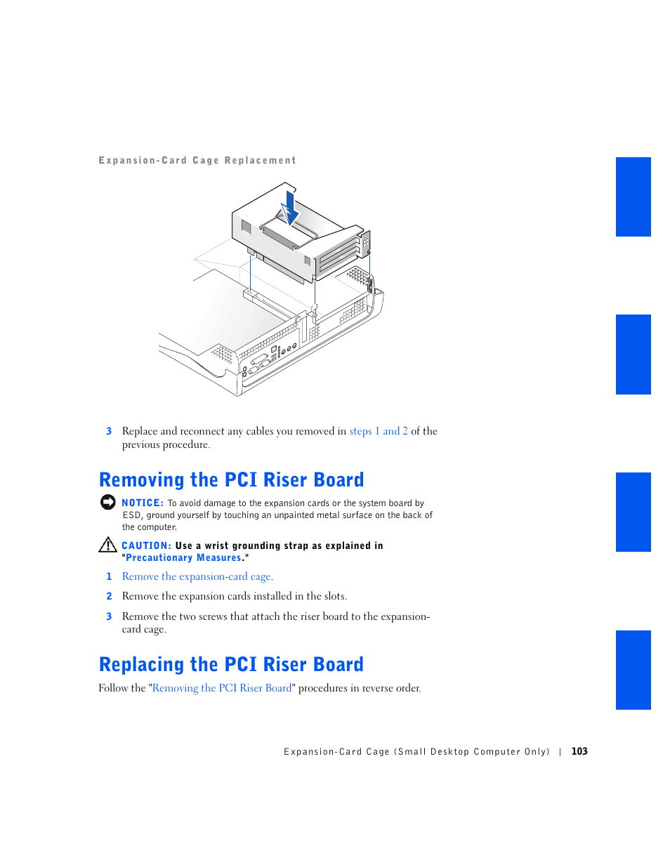 Removing the pci riser board, Replacing the pci riser board | Dell OptiPlex GX240 User Manual | Page 103 / 144
