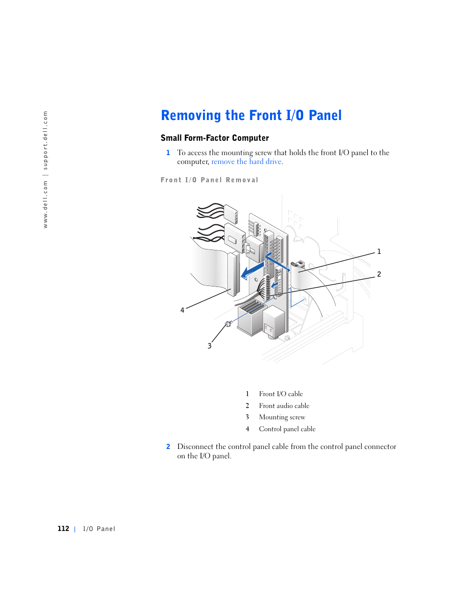 Removing the front i/o panel, Small form-factor computer | Dell OptiPlex GX240 User Manual | Page 112 / 144