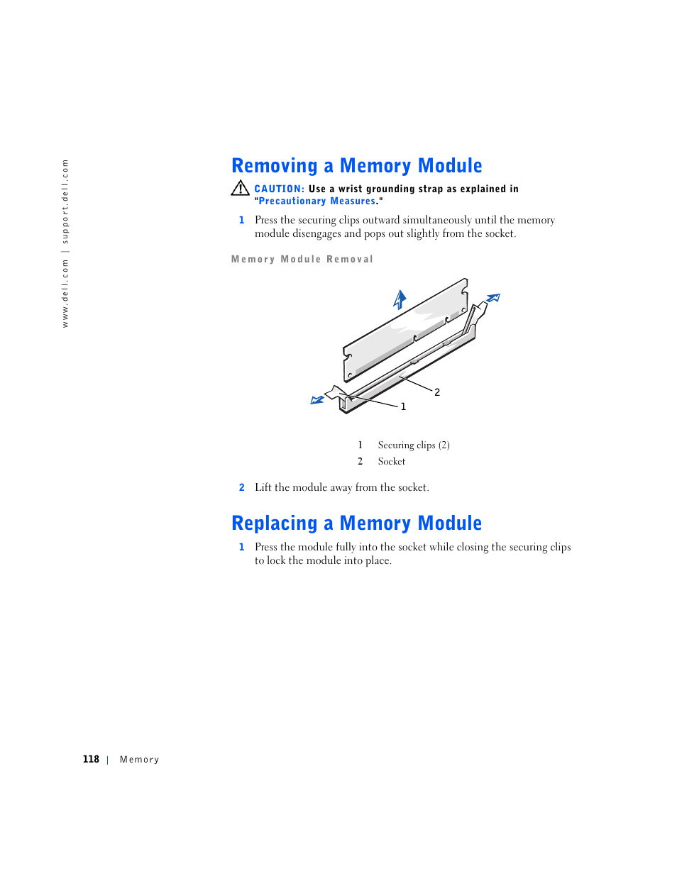 Removing a memory module, Replacing a memory module | Dell OptiPlex GX240 User Manual | Page 118 / 144