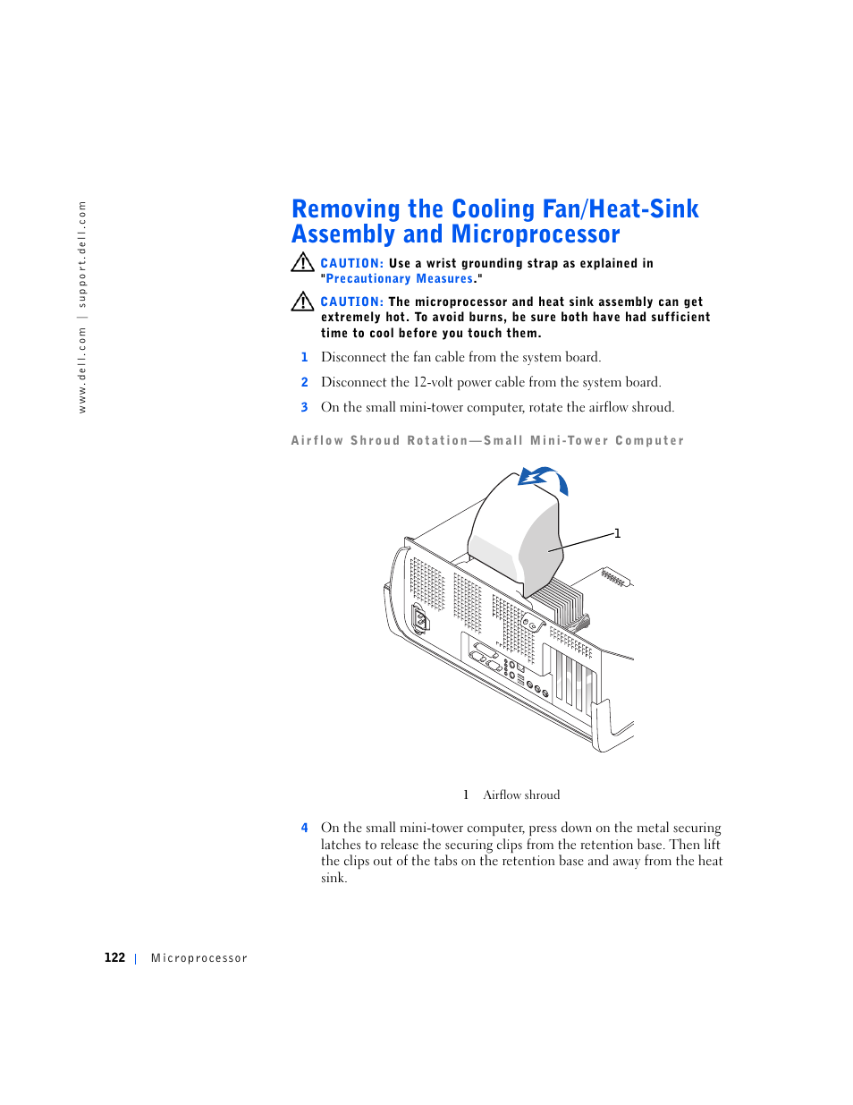 Removing the cooling fan/heat-sink assembly and, Microprocessor | Dell OptiPlex GX240 User Manual | Page 122 / 144