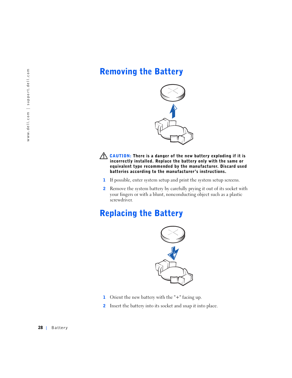 Removing the battery, Replacing the battery | Dell OptiPlex GX240 User Manual | Page 28 / 144