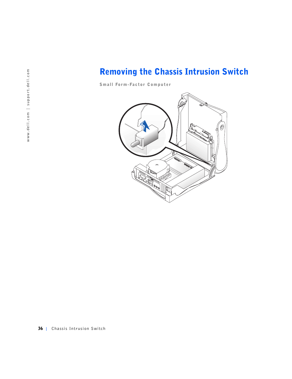 Removing the chassis intrusion switch | Dell OptiPlex GX240 User Manual | Page 36 / 144