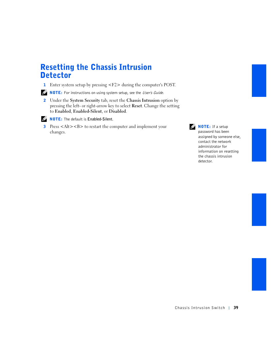 Resetting the chassis intrusion detector | Dell OptiPlex GX240 User Manual | Page 39 / 144