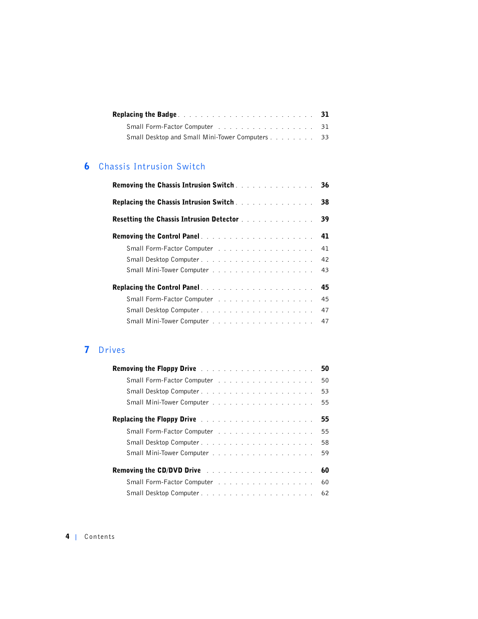 6 chassis intrusion switch, 7 drives | Dell OptiPlex GX240 User Manual | Page 4 / 144