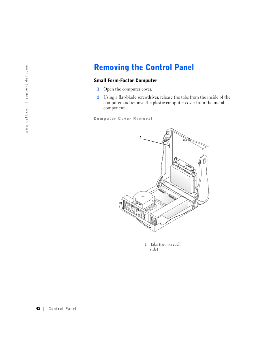 Removing the control panel, Small form-factor computer | Dell OptiPlex GX240 User Manual | Page 42 / 144