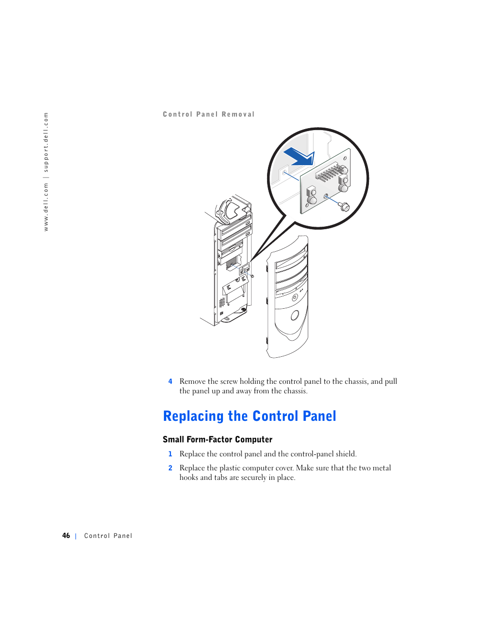 Replacing the control panel, Small form-factor computer | Dell OptiPlex GX240 User Manual | Page 46 / 144