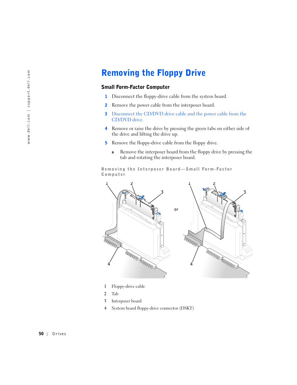 Removing the floppy drive, Small form-factor computer | Dell OptiPlex GX240 User Manual | Page 50 / 144
