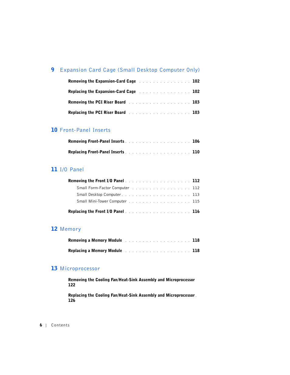 10 front-panel inserts, 11 i/o panel, 12 memory | 13 microprocessor | Dell OptiPlex GX240 User Manual | Page 6 / 144