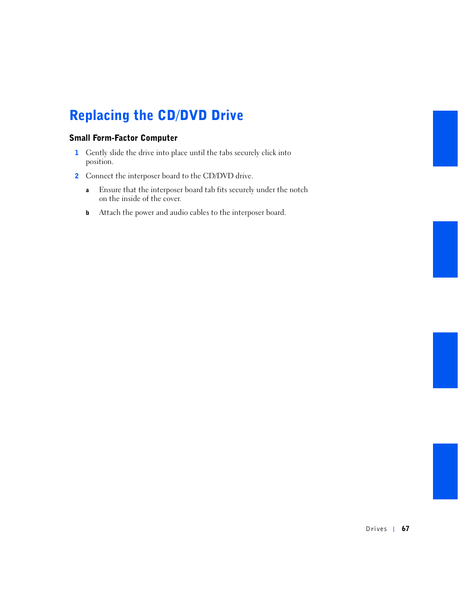 Replacing the cd/dvd drive, Small form-factor computer | Dell OptiPlex GX240 User Manual | Page 67 / 144