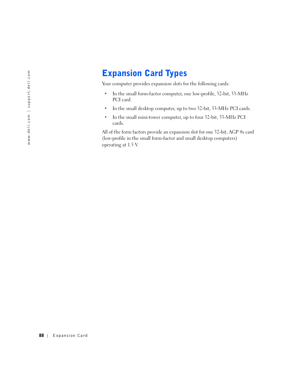 Expansion card types | Dell OptiPlex GX240 User Manual | Page 88 / 144