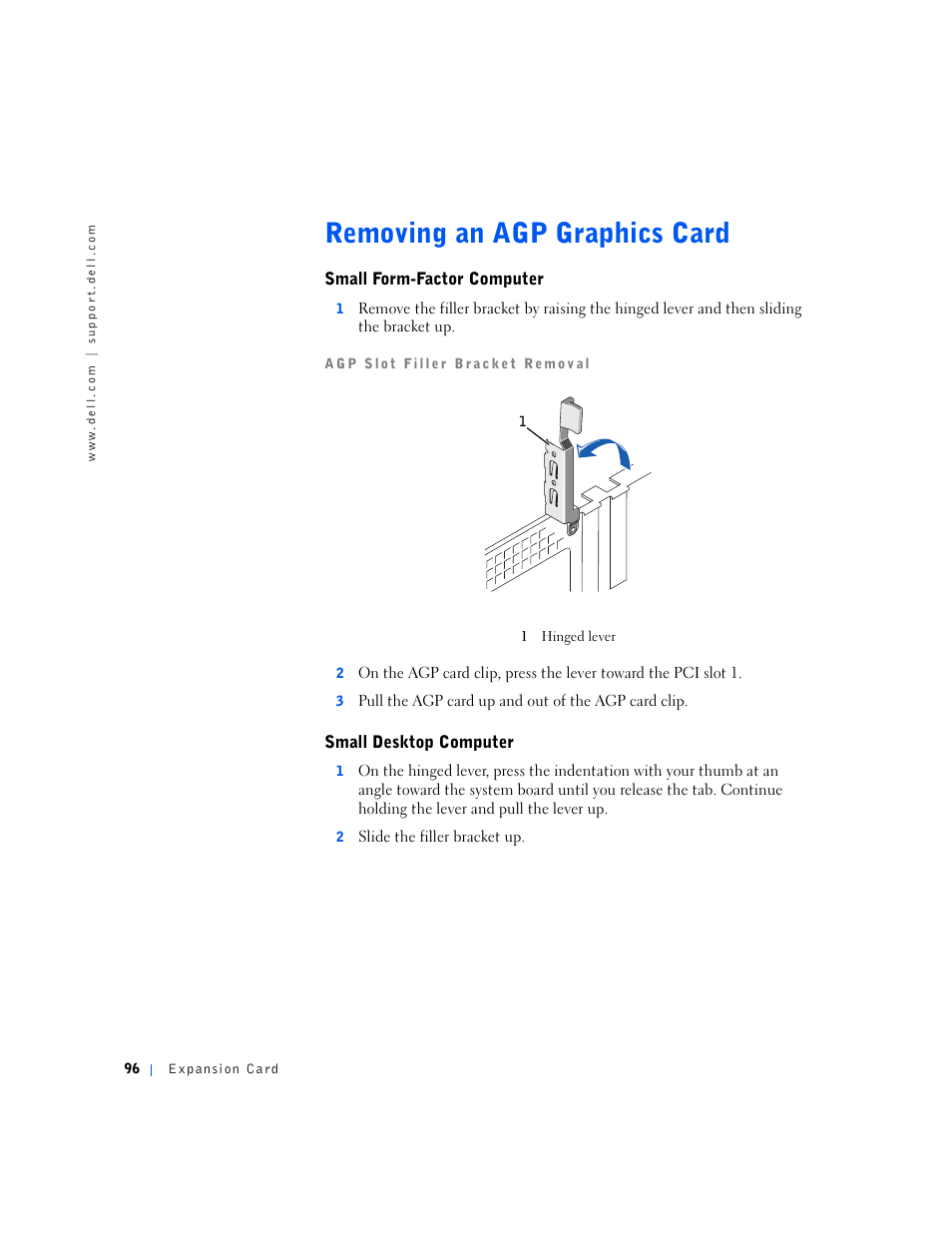 Removing an agp graphics card, Small form-factor computer, Small desktop computer | Dell OptiPlex GX240 User Manual | Page 96 / 144