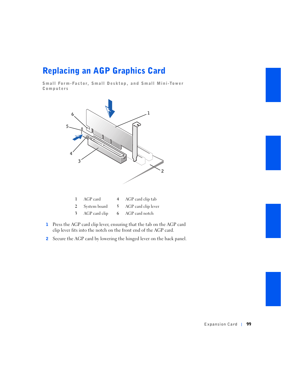 Replacing an agp graphics card | Dell OptiPlex GX240 User Manual | Page 99 / 144