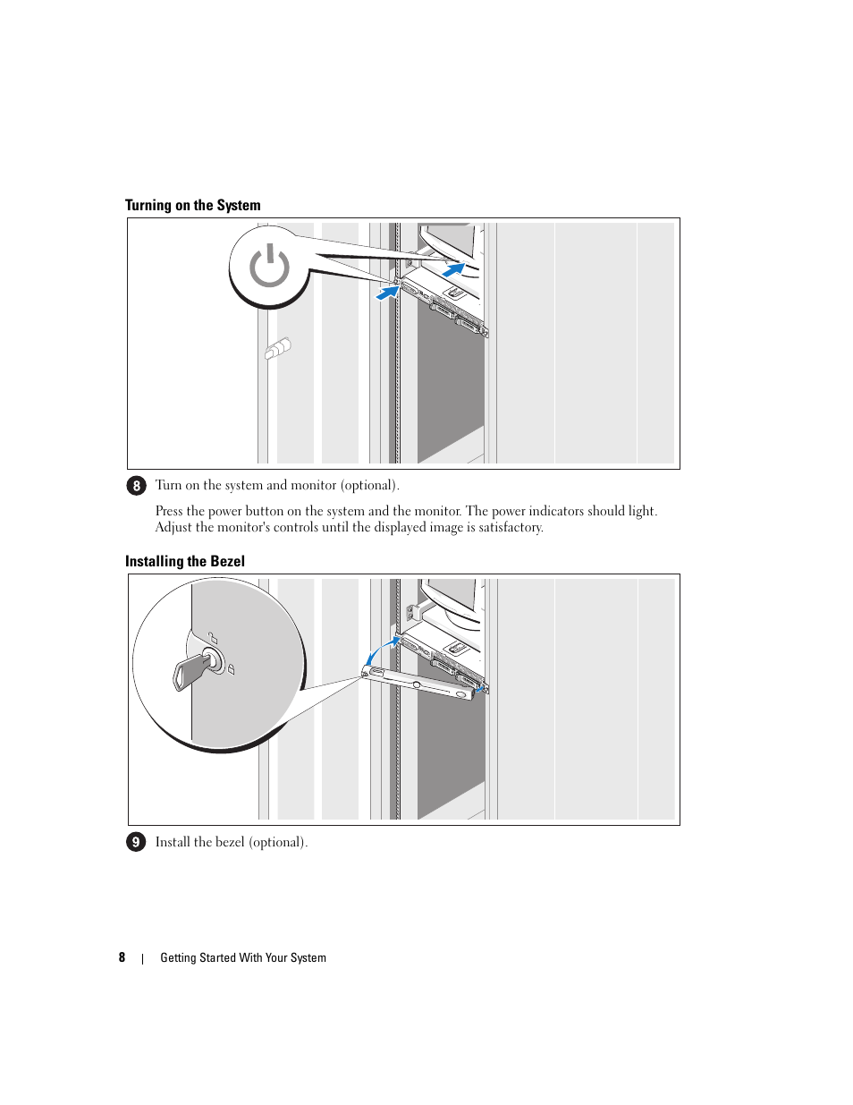 Turning on the system, Installing the bezel | Dell POWEREDGE 1950 User Manual | Page 10 / 110