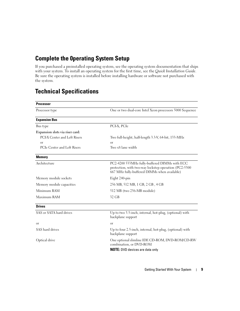 Complete the 0perating system setup, Technical specifications | Dell POWEREDGE 1950 User Manual | Page 11 / 110