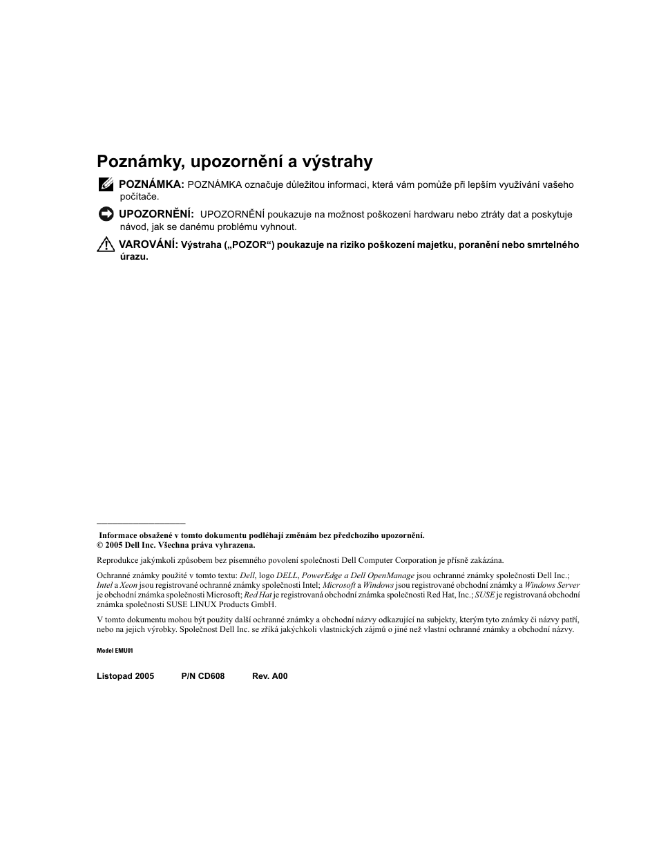Poznámky, upozornění a výstrahy | Dell POWEREDGE 1950 User Manual | Page 16 / 110