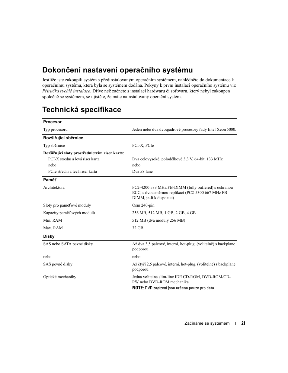 Dokončení nastavení operačního systému, Technická specifikace | Dell POWEREDGE 1950 User Manual | Page 23 / 110