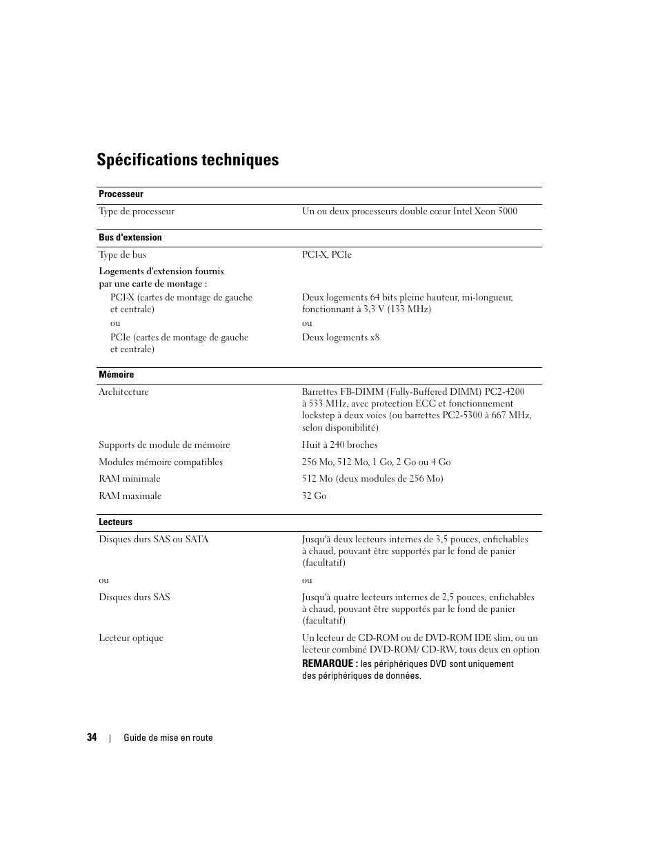 Spécifications techniques | Dell POWEREDGE 1950 User Manual | Page 36 / 110