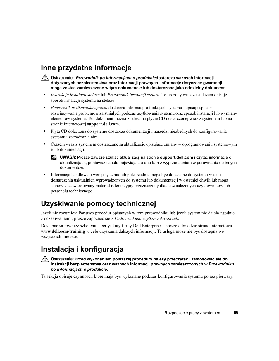 Inne przydatne informacje, Uzyskiwanie pomocy technicznej, Instalacja i konfiguracja | Dell POWEREDGE 1950 User Manual | Page 67 / 110